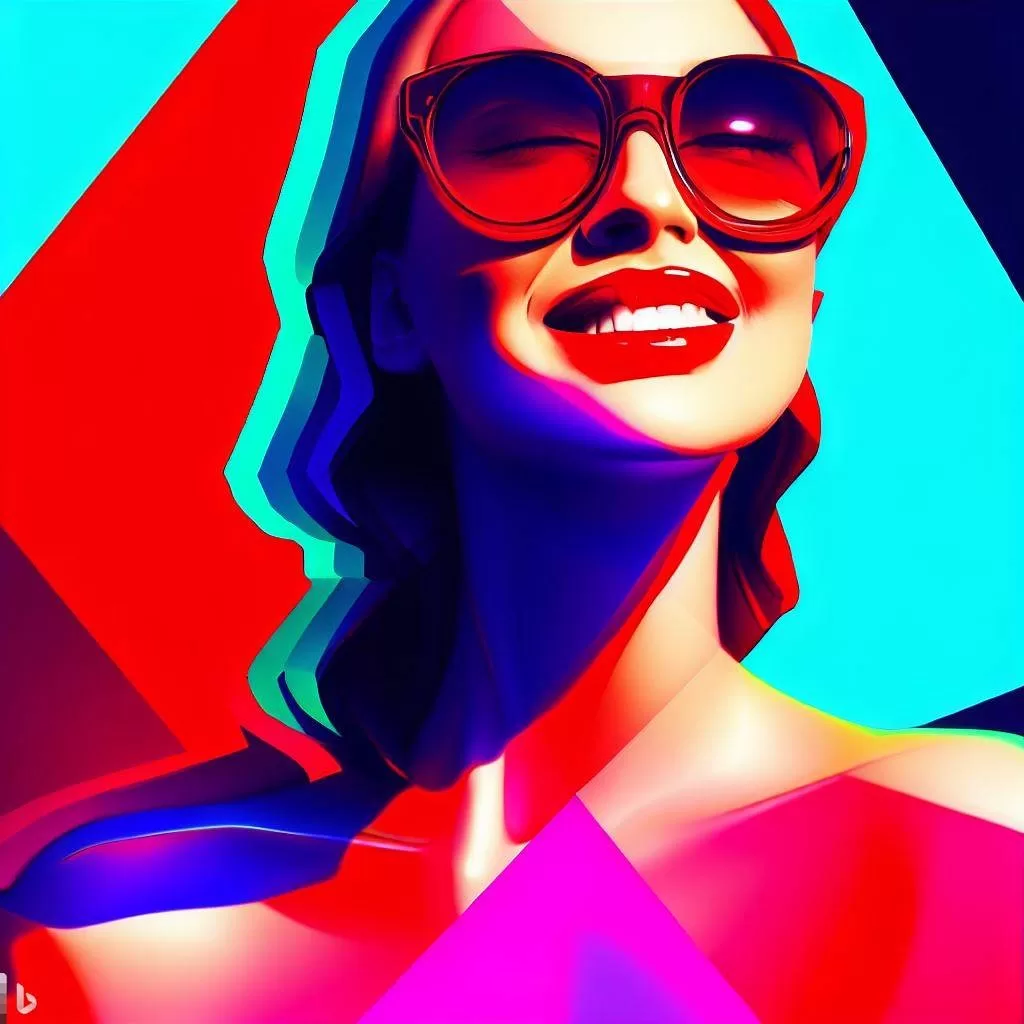 beautiful woman in sunglasses smiling red lips geometric art bright vibrant 3d