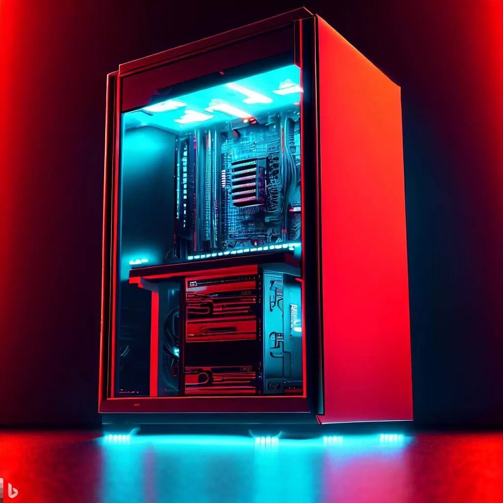 modern computer standing in red room led lights