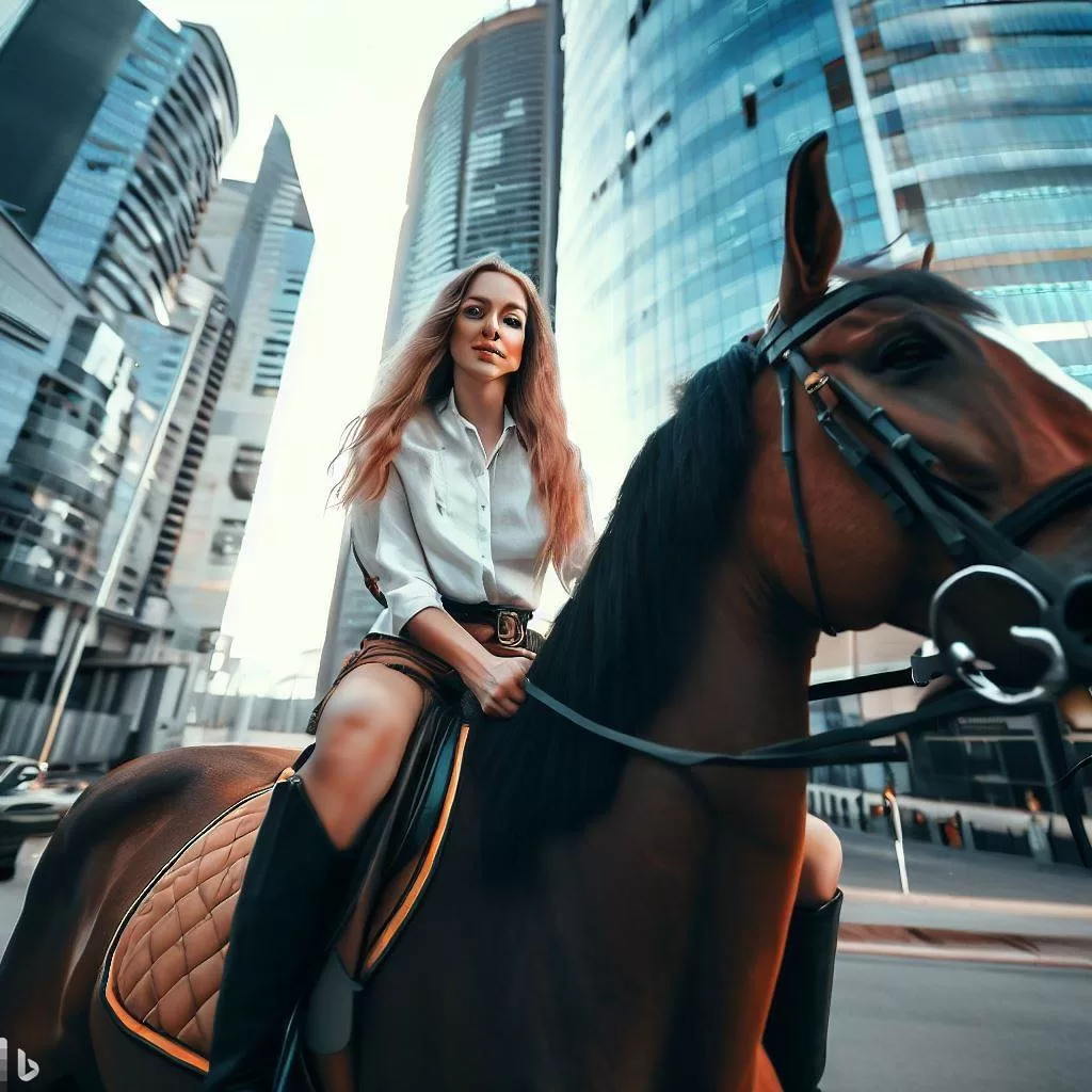 young woman sitting on a horse in a city of skyscrapers wide angle